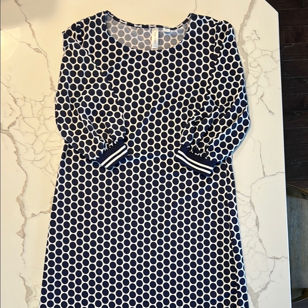 Tacera White and Blue Sheath Dress 3/4 Cuffed Sleeves Crew Neck
